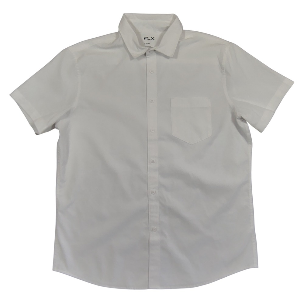 FLX Button Down Shirt Men L White Slim Fit Short Sleeve Textured Polyester Blend